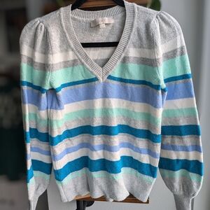 LOFT Striped Puff Sleeve V-Neck Sweater - Blue/Mint/Grey - Size XS